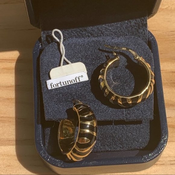 Fortunoff18k Gold Black Enamel Tiger Hoops NWT